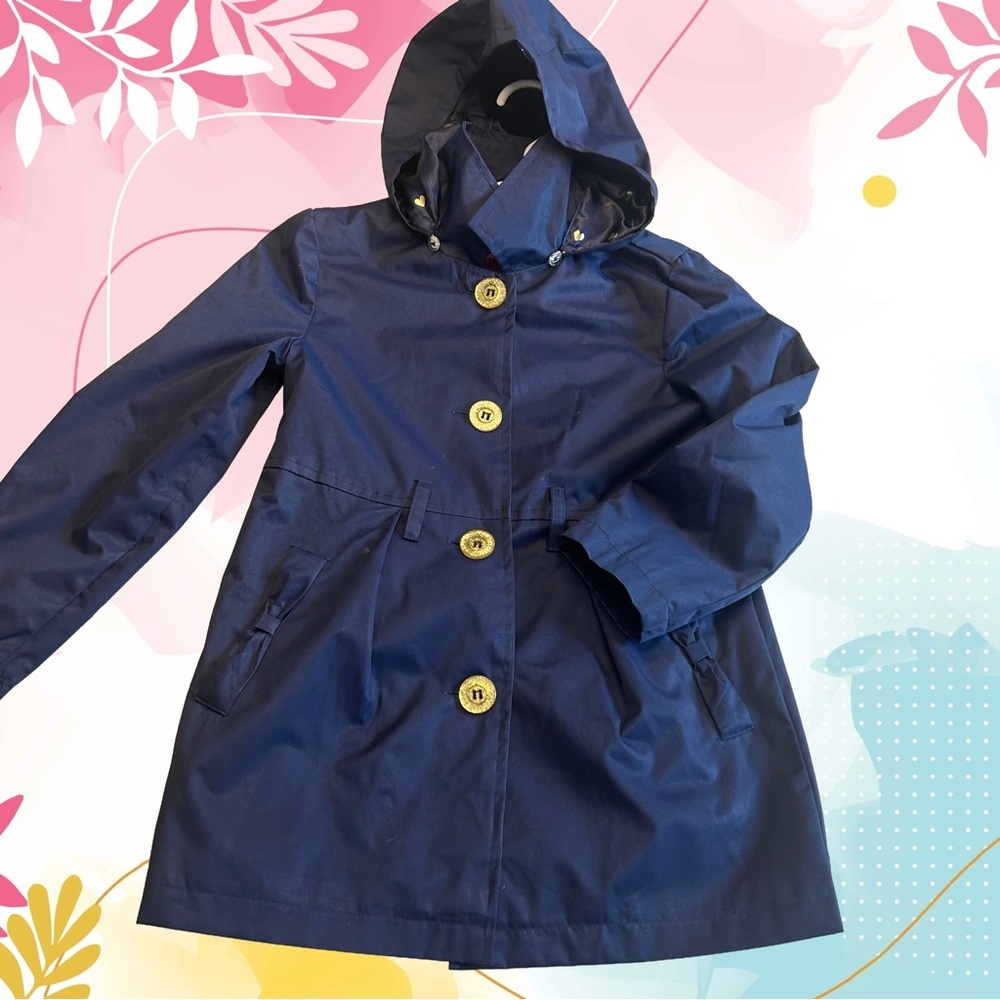 Pink Platinum Girls Navy Blue Belted Trench Coat with Hood. Size 6X